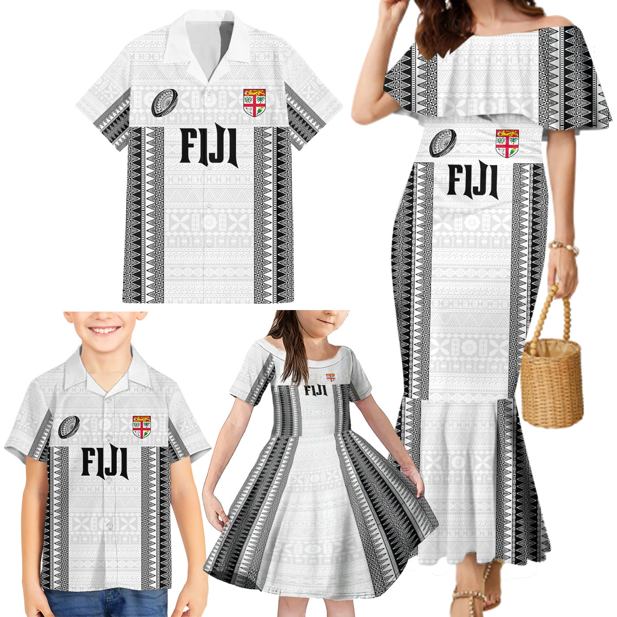 Fiji Rugby Warriors Family Matching Mermaid Dress and Hawaiian Shirt Masi Tribal Pattern Go Champion 2024