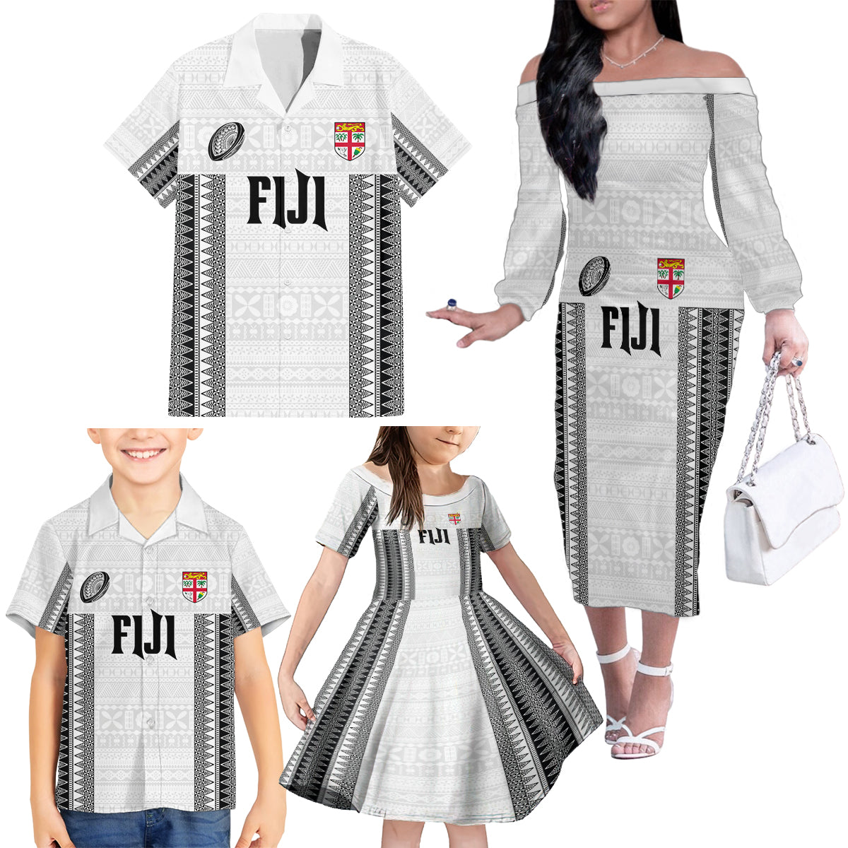 Fiji Rugby Warriors Family Matching Off The Shoulder Long Sleeve Dress and Hawaiian Shirt Masi Tribal Pattern Go Champion 2024