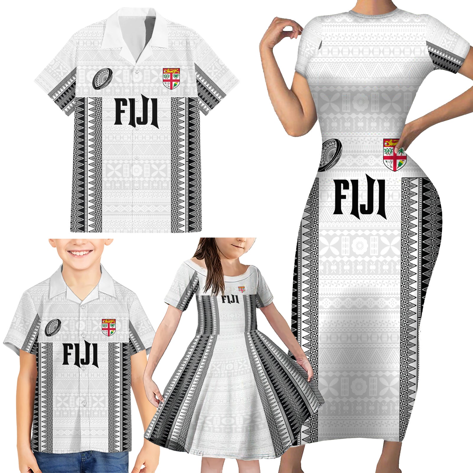 Fiji Rugby Warriors Family Matching Short Sleeve Bodycon Dress and Hawaiian Shirt Masi Tribal Pattern Go Champion 2024