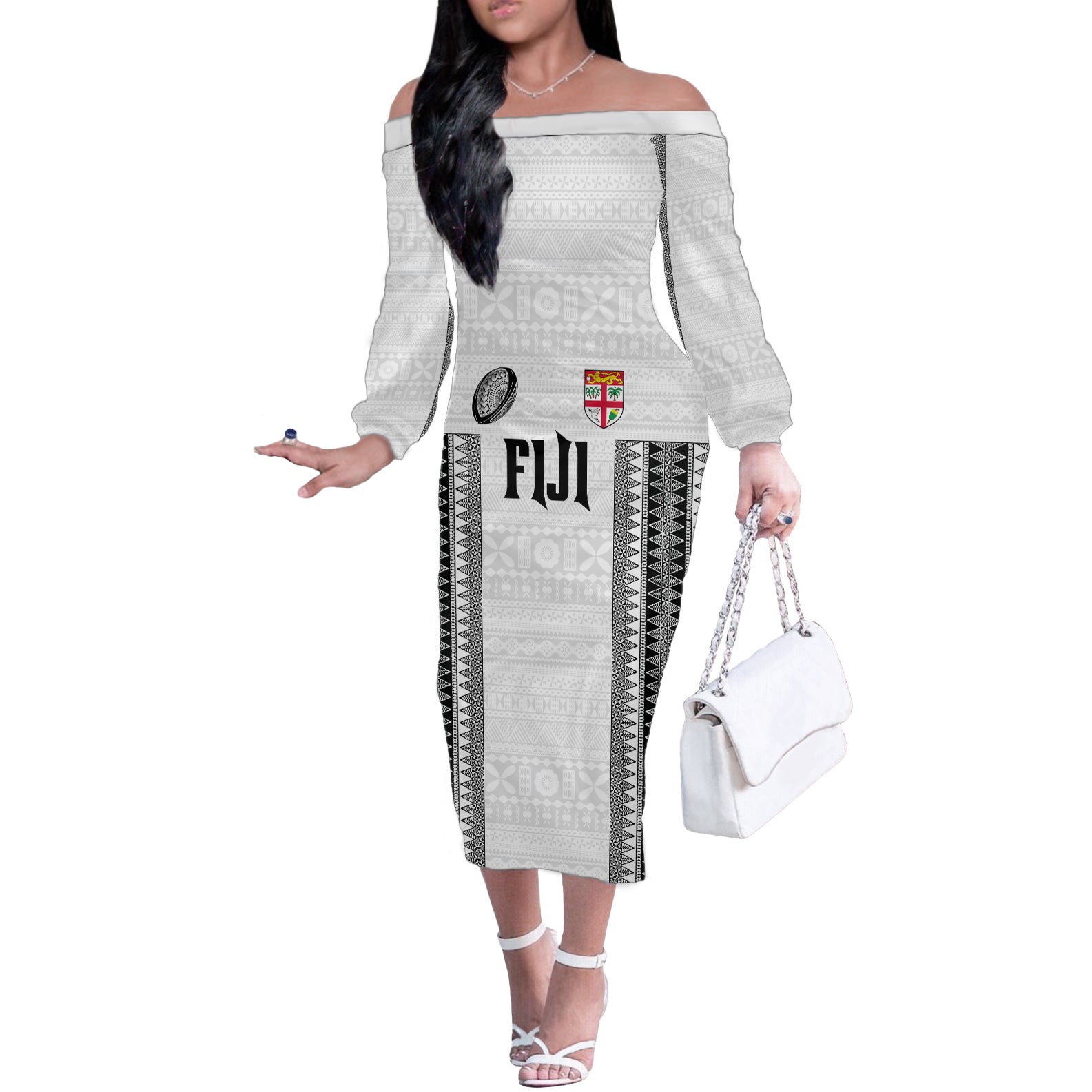 Fiji Rugby Warriors Off The Shoulder Long Sleeve Dress Masi Tribal Pattern Go Champion 2024