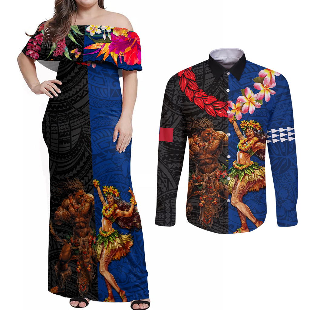 Hawaii and Samoa Together Couples Matching Off Shoulder Maxi Dress and Long Sleeve Button Shirt Samoan Warrior and Beauty Hula Girl