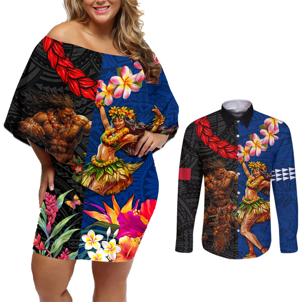 Hawaii and Samoa Together Couples Matching Off Shoulder Short Dress and Long Sleeve Button Shirt Samoan Warrior and Beauty Hula Girl