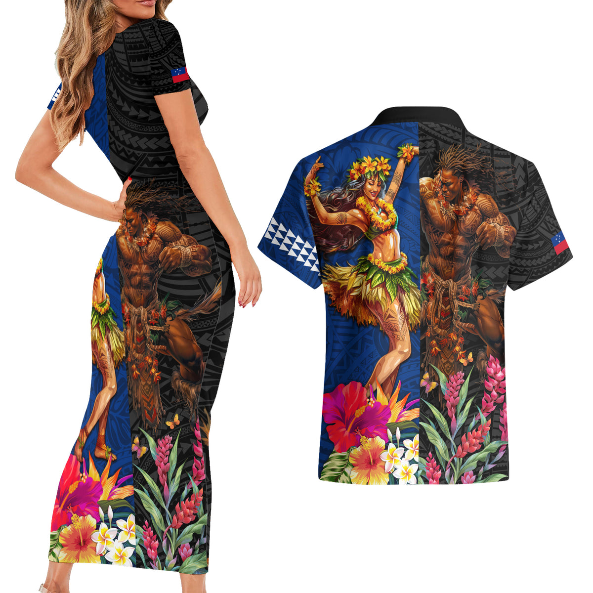Hawaii and Samoa Together Couples Matching Short Sleeve Bodycon Dress and Hawaiian Shirt Samoan Warrior and Beauty Hula Girl
