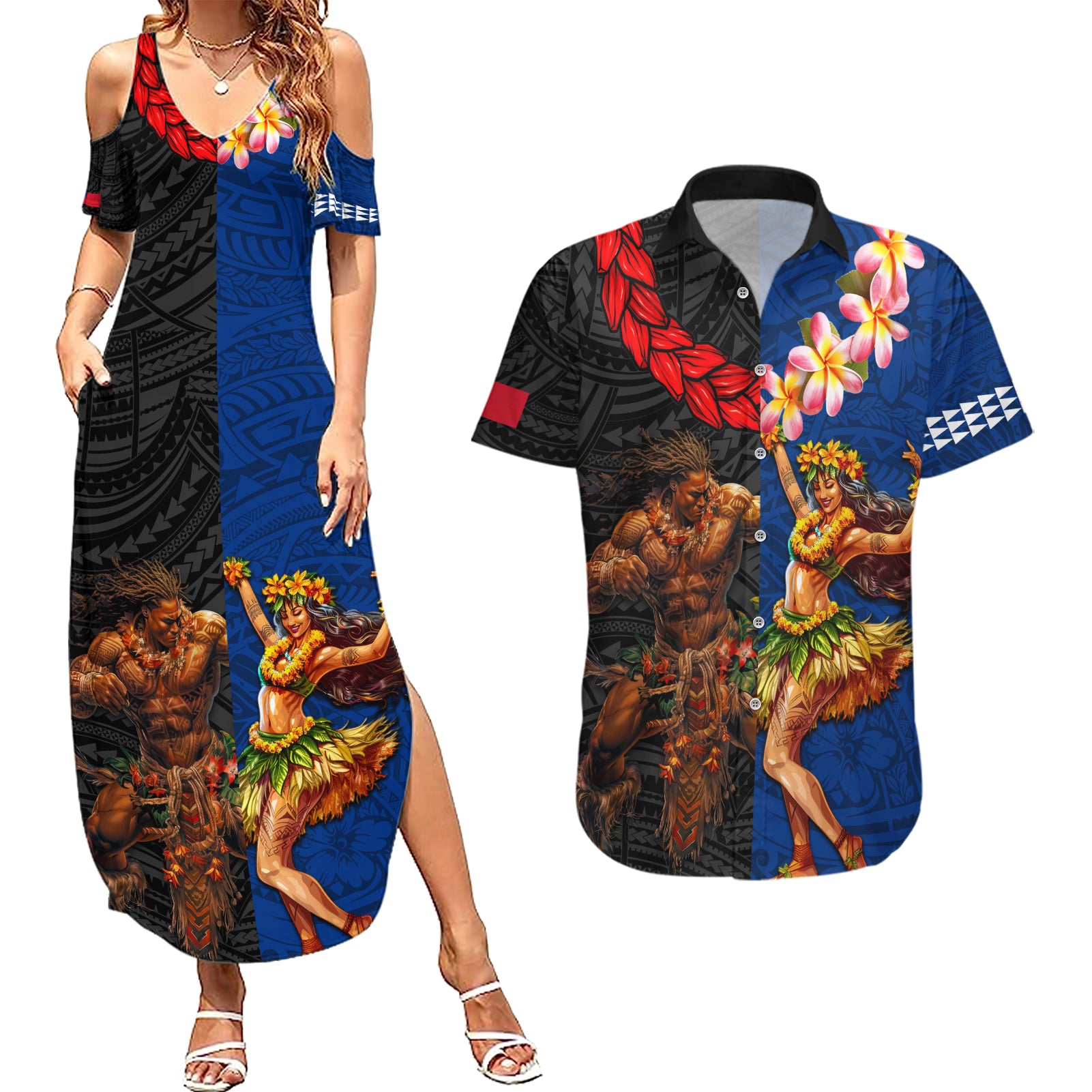 Hawaii and Samoa Together Couples Matching Summer Maxi Dress and Hawaiian Shirt Samoan Warrior and Beauty Hula Girl