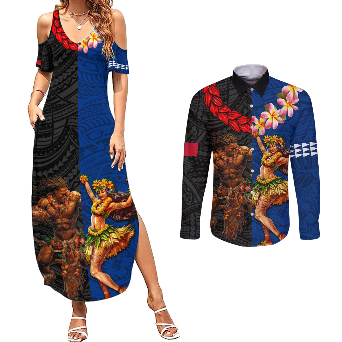 Hawaii and Samoa Together Couples Matching Summer Maxi Dress and Long Sleeve Button Shirt Samoan Warrior and Beauty Hula Girl