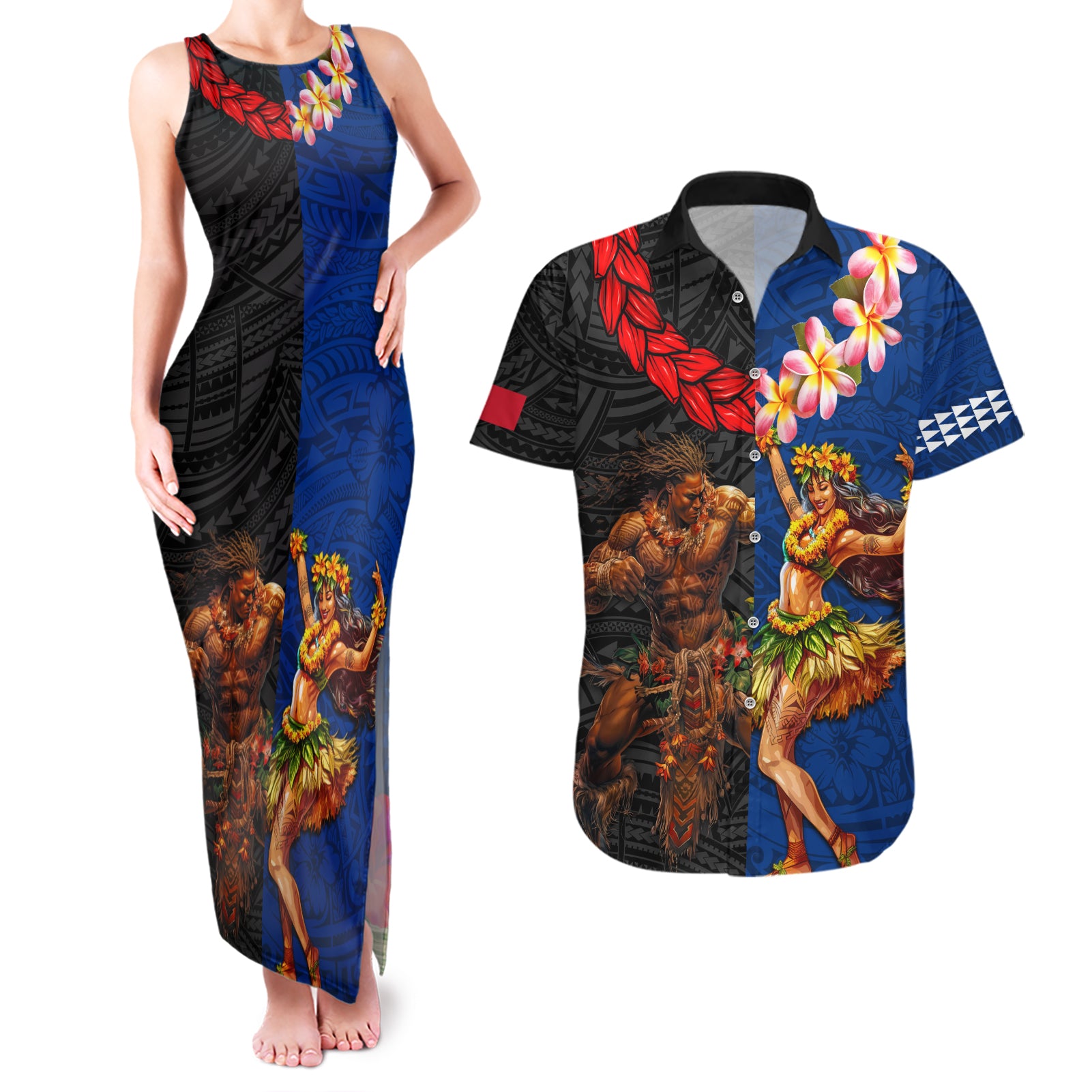 Hawaii and Samoa Together Couples Matching Tank Maxi Dress and Hawaiian Shirt Samoan Warrior and Beauty Hula Girl