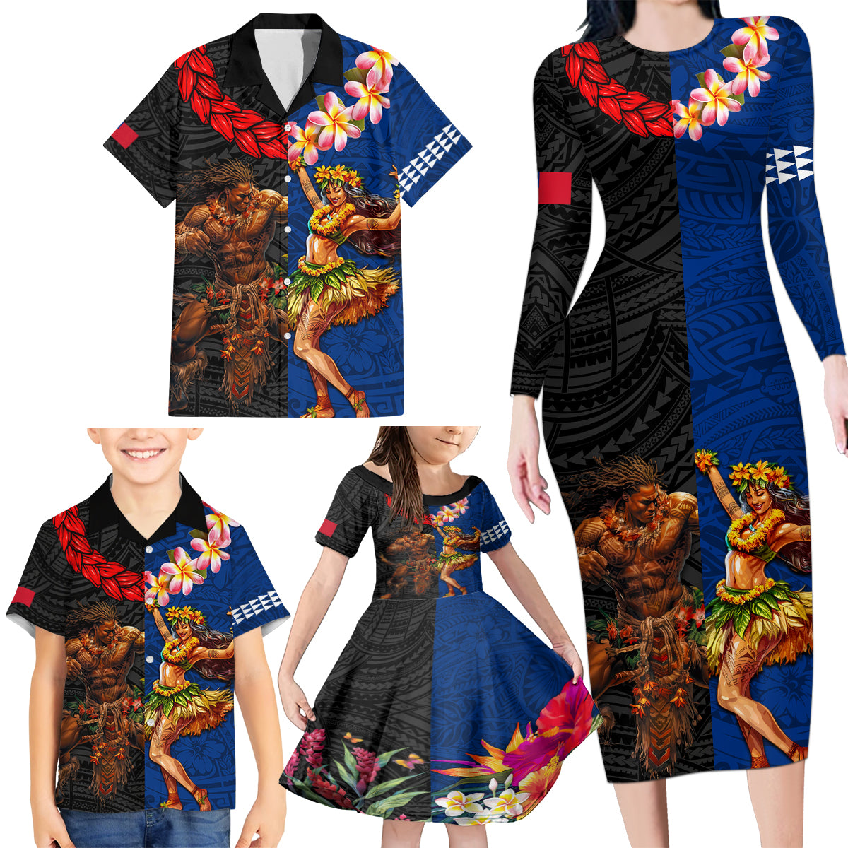 Hawaii and Samoa Together Family Matching Long Sleeve Bodycon Dress and Hawaiian Shirt Samoan Warrior and Beauty Hula Girl