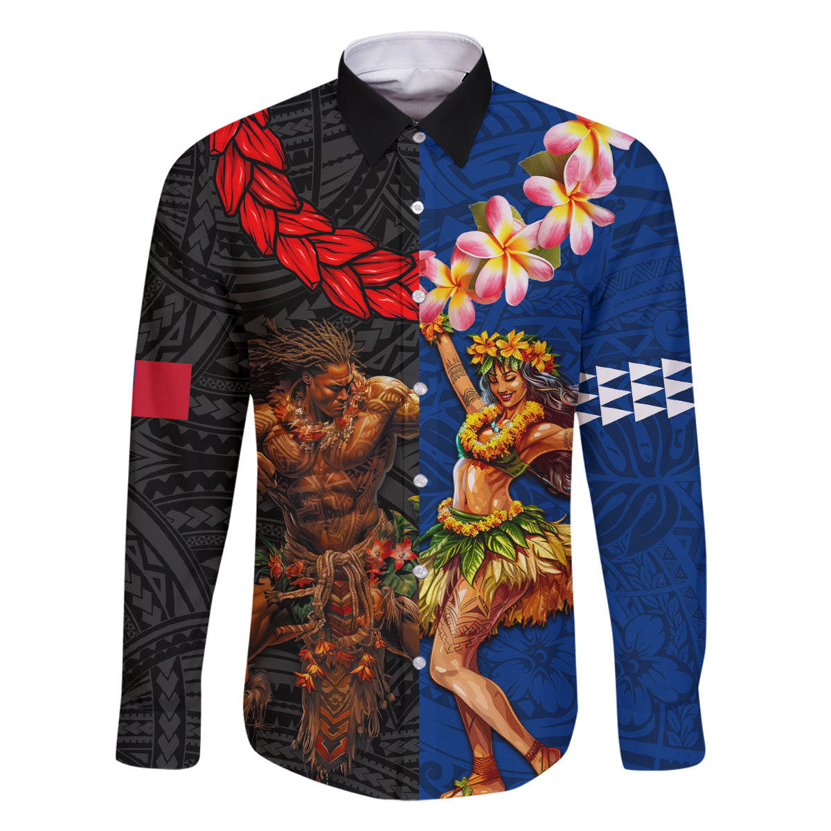 Hawaii and Samoa Together Family Matching Long Sleeve Bodycon Dress and Hawaiian Shirt Samoan Warrior and Beauty Hula Girl