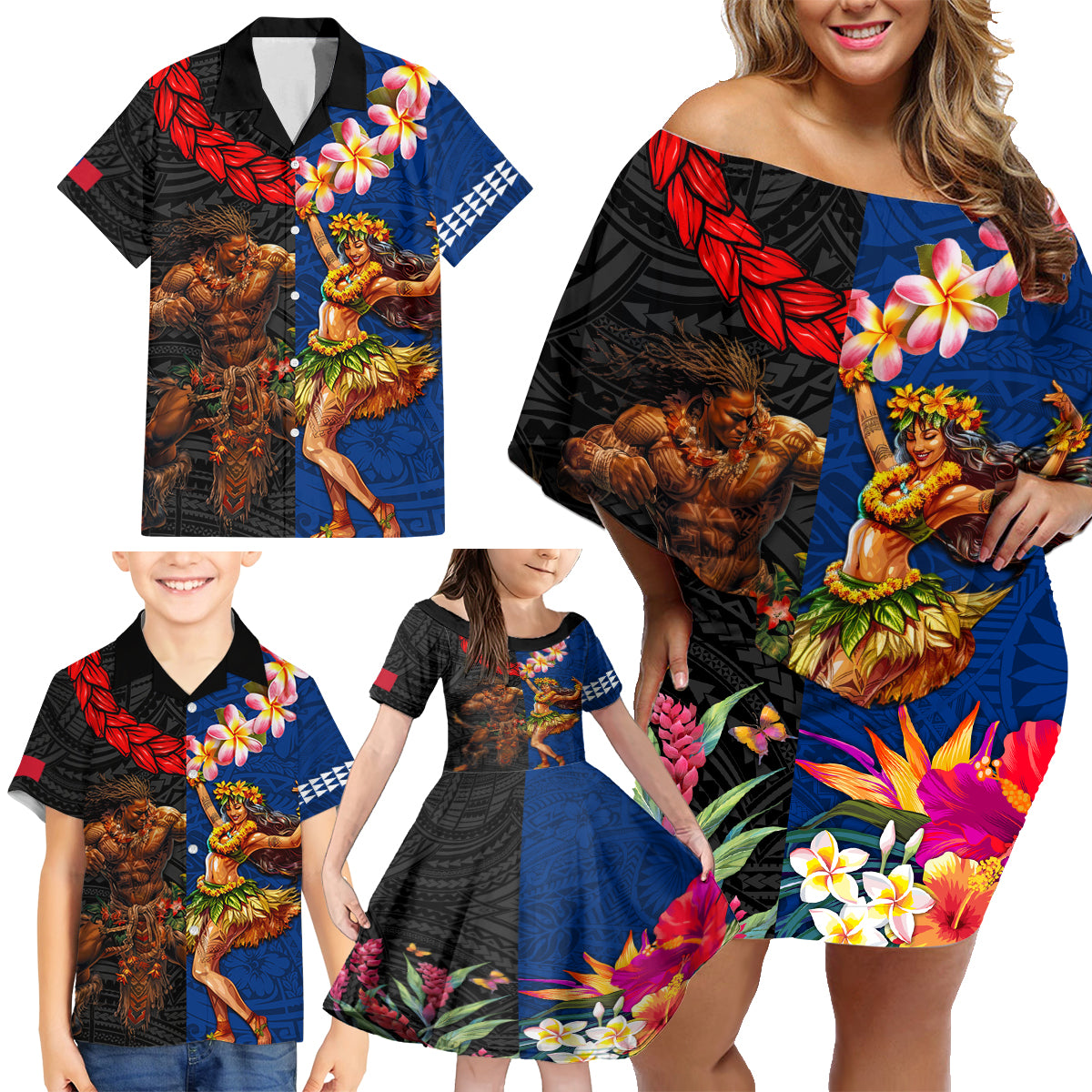 Hawaii and Samoa Together Family Matching Off Shoulder Short Dress and Hawaiian Shirt Samoan Warrior and Beauty Hula Girl