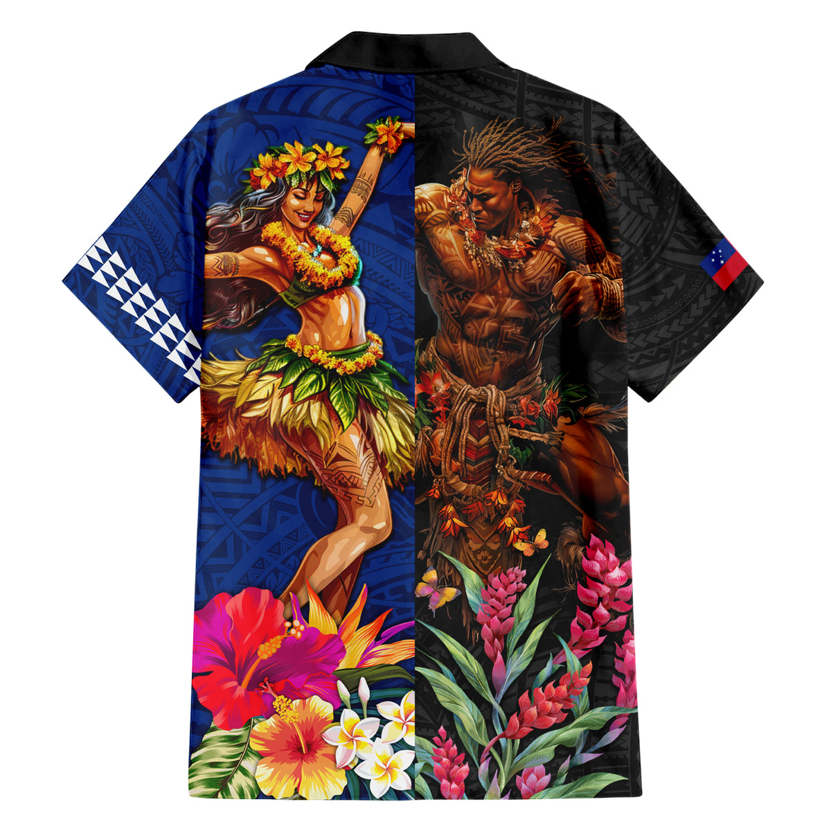 Hawaii and Samoa Together Family Matching Short Sleeve Bodycon Dress and Hawaiian Shirt Samoan Warrior and Beauty Hula Girl