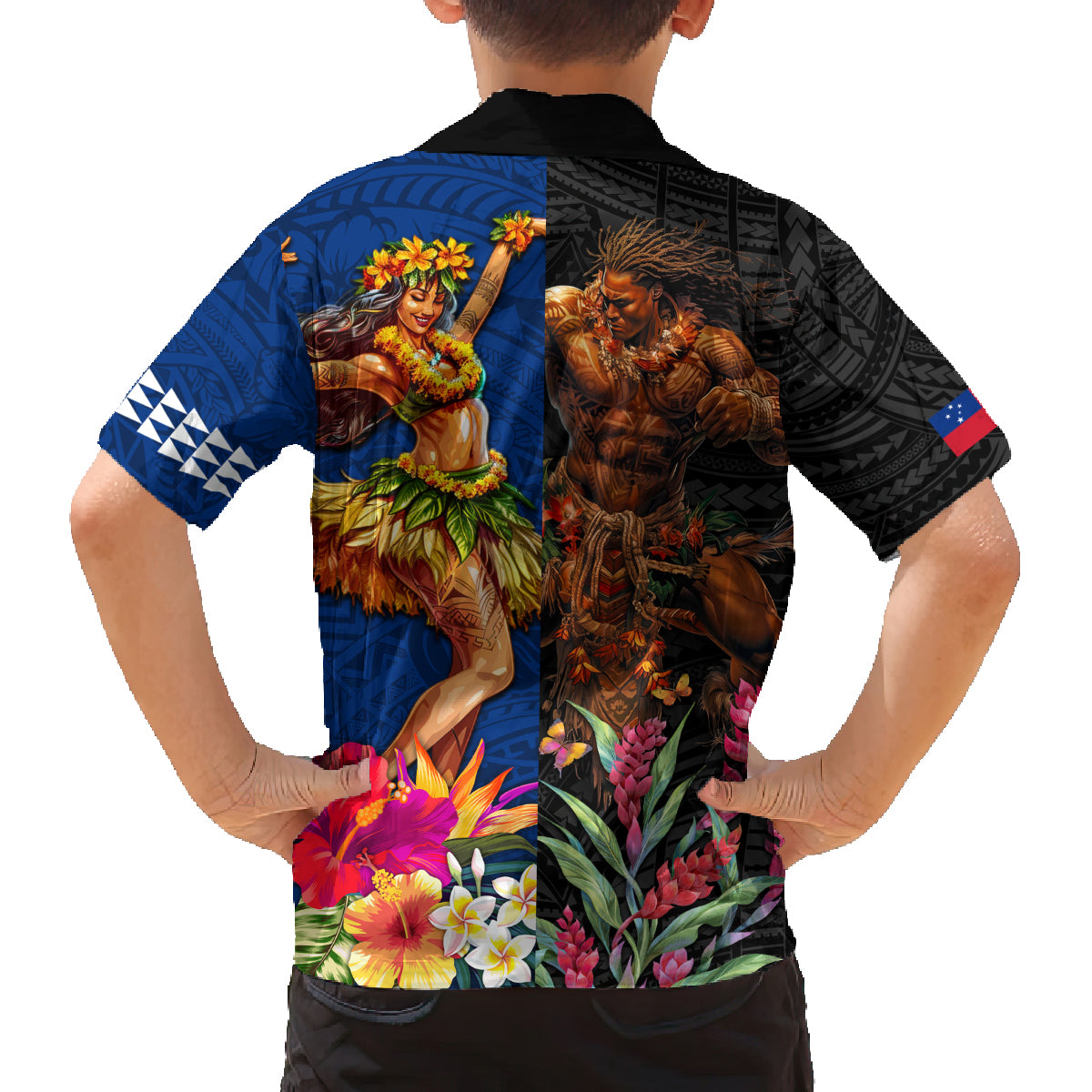 Hawaii and Samoa Together Family Matching Summer Maxi Dress and Hawaiian Shirt Samoan Warrior and Beauty Hula Girl