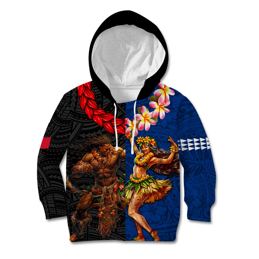 Hawaii and Samoa Together Kid Hoodie Samoan Warrior and Beauty Hula Girl