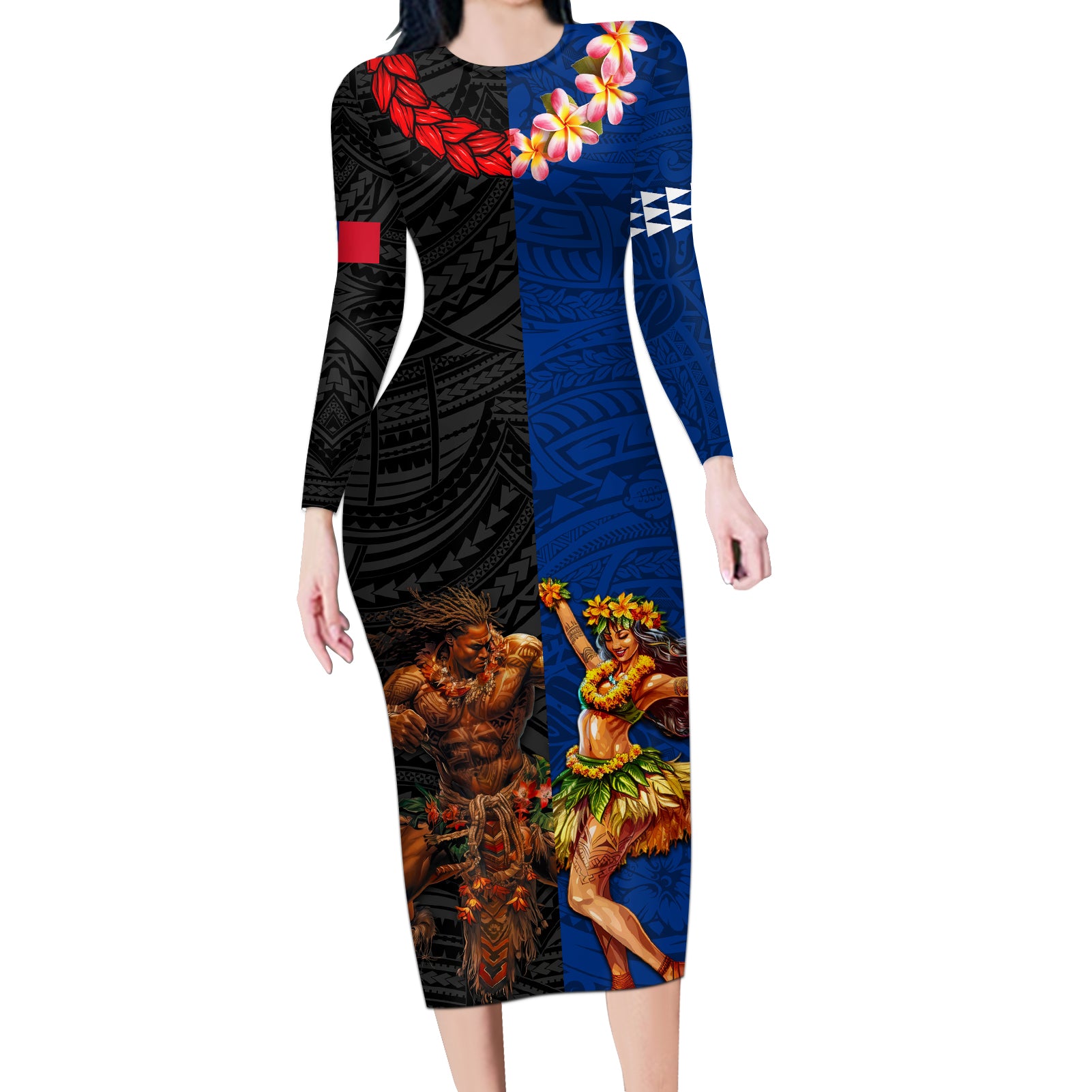 Hawaii and Samoa Together Long Sleeve Bodycon Dress Samoan Warrior and Beauty Hula Girl