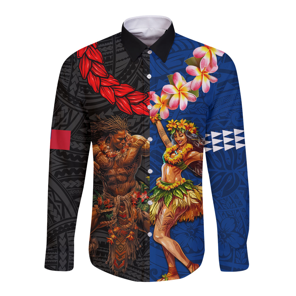 Hawaii and Samoa Together Long Sleeve Button Shirt Samoan Warrior and Beauty Hula Girl