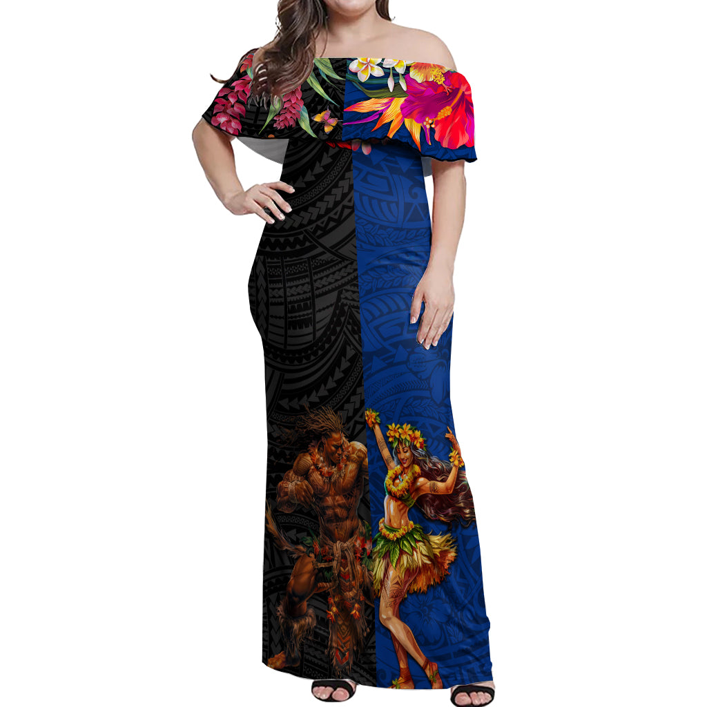 Hawaii and Samoa Together Off Shoulder Maxi Dress Samoan Warrior and Beauty Hula Girl