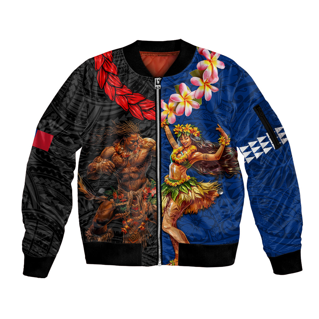 Hawaii and Samoa Together Sleeve Zip Bomber Jacket Samoan Warrior and Beauty Hula Girl