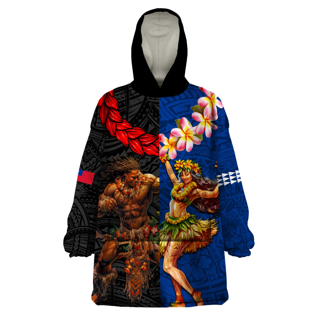 Hawaii and Samoa Together Wearable Blanket Hoodie Samoan Warrior and Beauty Hula Girl