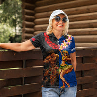 Hawaii and Samoa Together Women Polo Shirt Samoan Warrior and Beauty Hula Girl