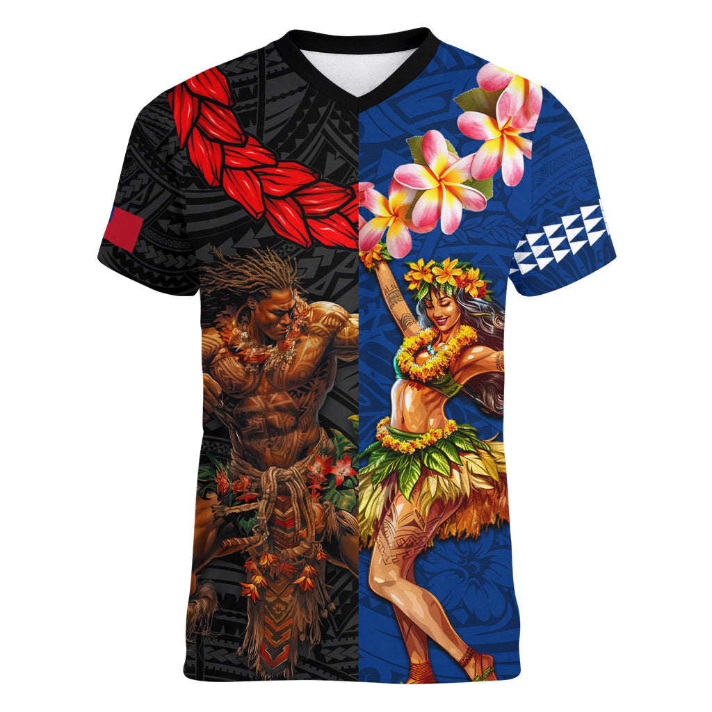 Hawaii and Samoa Together Women V-Neck T-Shirt Samoan Warrior and Beauty Hula Girl