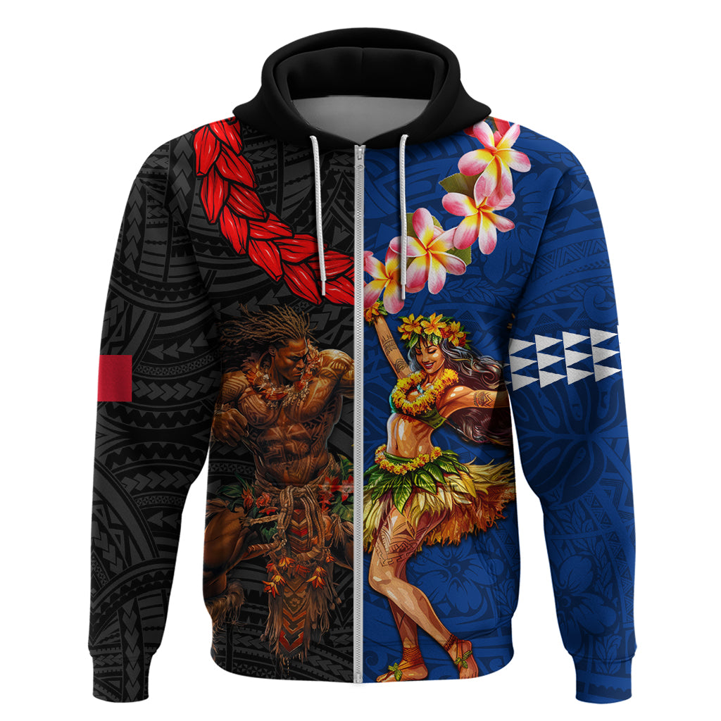 Hawaii and Samoa Together Zip Hoodie Samoan Warrior and Beauty Hula Girl