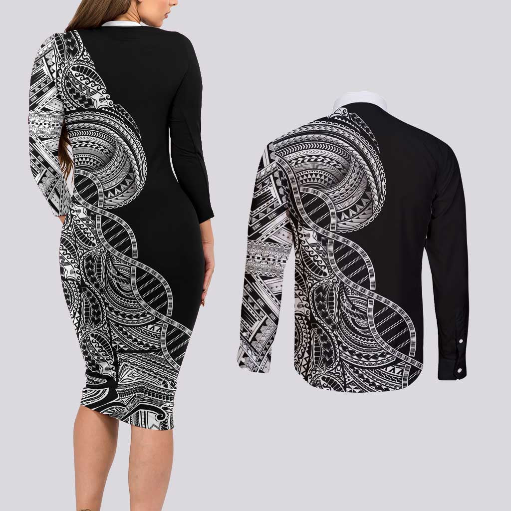 Samoan DNA Art Tattoo Couples Matching Long Sleeve Bodycon Dress and Long Sleeve Button Shirt Polynesian Pattern Black Color LT03 - Polynesian Pride