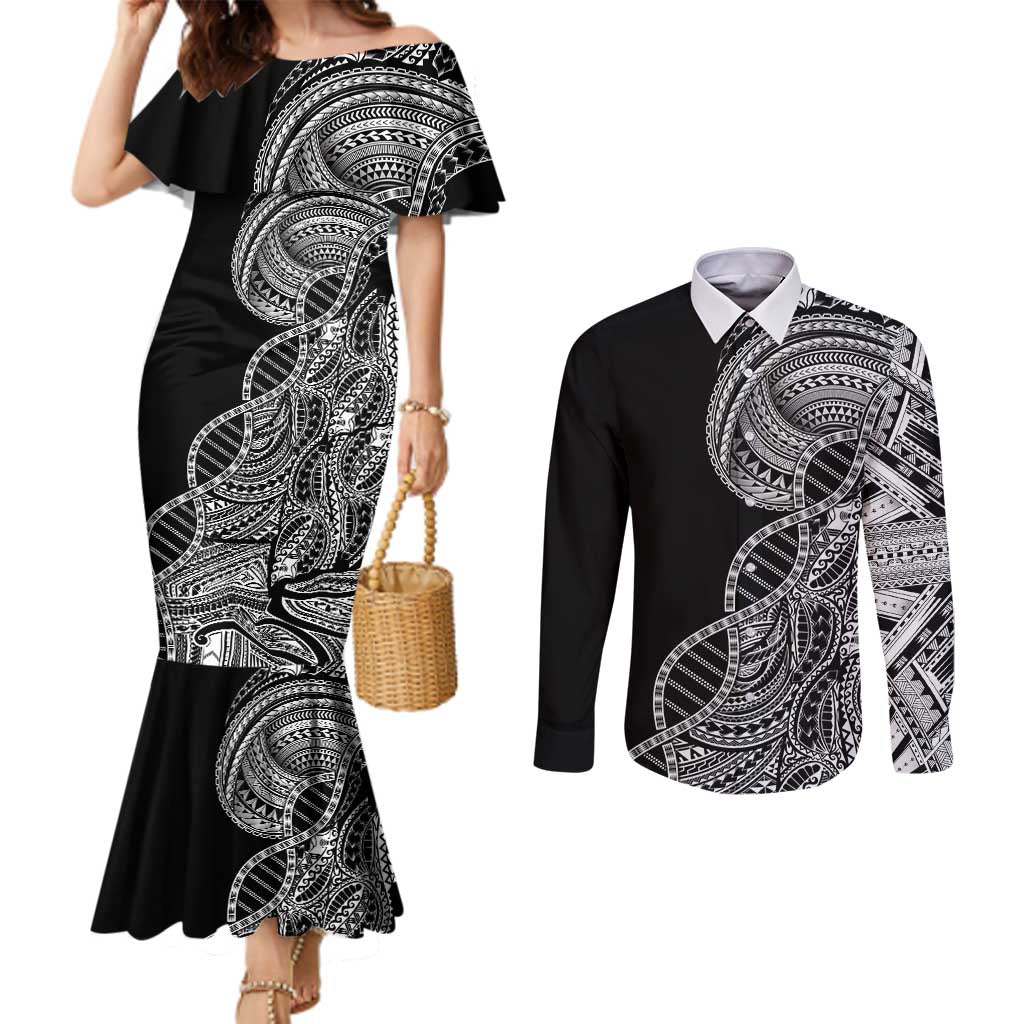 Samoan DNA Art Tattoo Couples Matching Mermaid Dress and Long Sleeve Button Shirt Polynesian Pattern Black Color LT03 Black - Polynesian Pride
