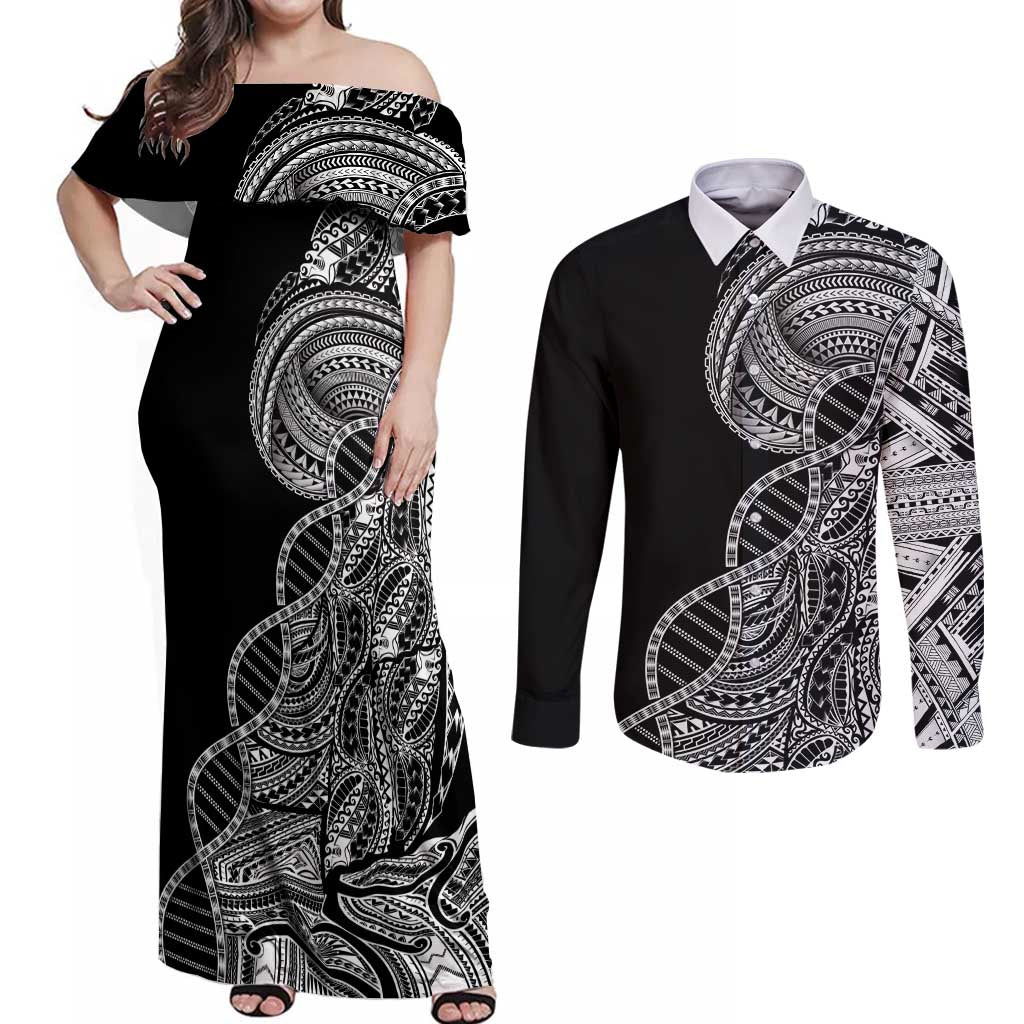Samoan DNA Art Tattoo Couples Matching Off Shoulder Maxi Dress and Long Sleeve Button Shirt Polynesian Pattern Black Color LT03 Black - Polynesian Pride