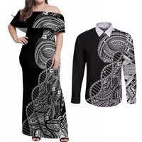 Samoan DNA Art Tattoo Couples Matching Off Shoulder Maxi Dress and Long Sleeve Button Shirt Polynesian Pattern Black Color LT03 Black - Polynesian Pride