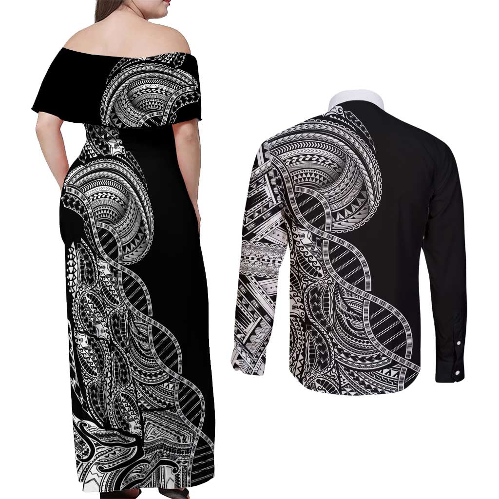 Samoan DNA Art Tattoo Couples Matching Off Shoulder Maxi Dress and Long Sleeve Button Shirt Polynesian Pattern Black Color LT03 - Polynesian Pride