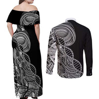 Samoan DNA Art Tattoo Couples Matching Off Shoulder Maxi Dress and Long Sleeve Button Shirt Polynesian Pattern Black Color LT03 - Polynesian Pride
