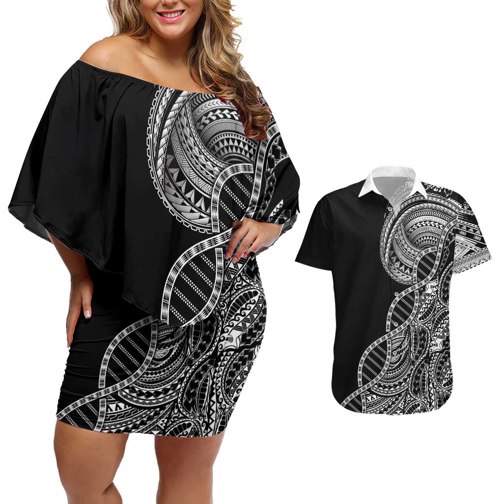 Samoan DNA Art Tattoo Couples Matching Off Shoulder Short Dress and Hawaiian Shirt Polynesian Pattern Black Color LT03 Black - Polynesian Pride