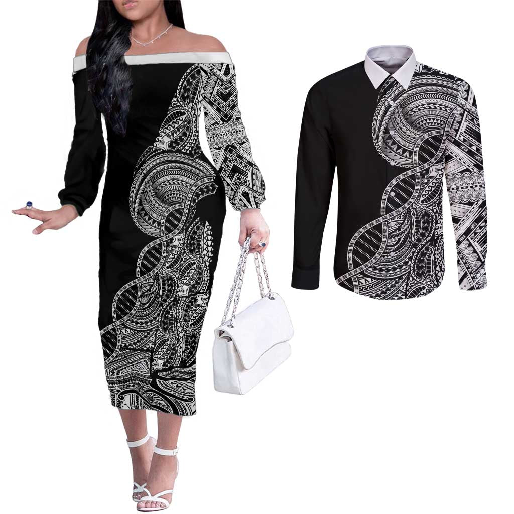 Samoan DNA Art Tattoo Couples Matching Off The Shoulder Long Sleeve Dress and Long Sleeve Button Shirt Polynesian Pattern Black Color LT03 Black - Polynesian Pride