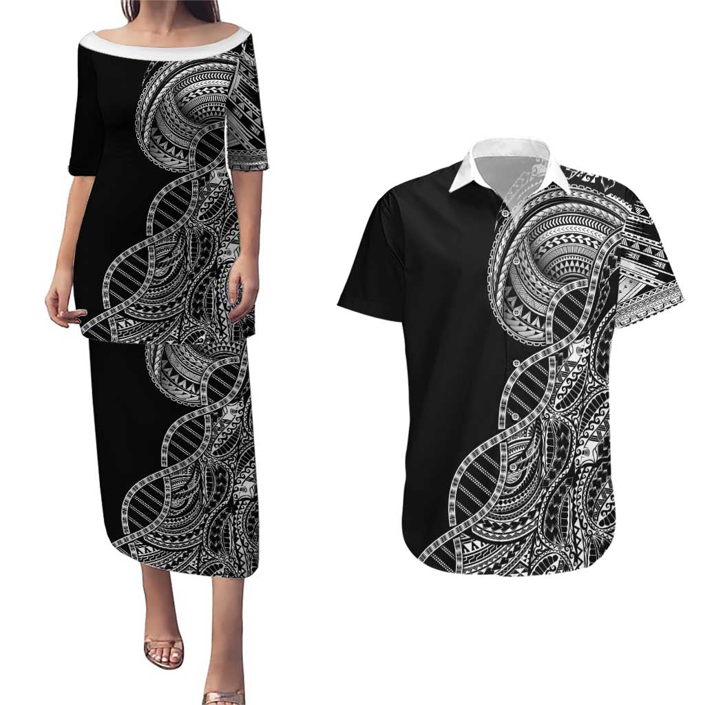 Samoan DNA Art Tattoo Couples Matching Puletasi and Hawaiian Shirt Polynesian Pattern Black Color LT03 Black - Polynesian Pride