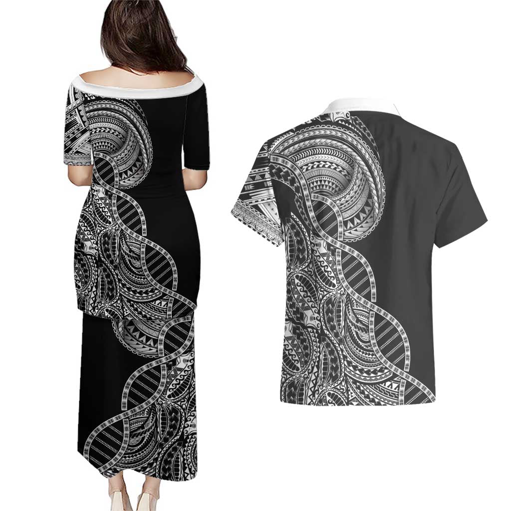Samoan DNA Art Tattoo Couples Matching Puletasi and Hawaiian Shirt Polynesian Pattern Black Color LT03 - Polynesian Pride