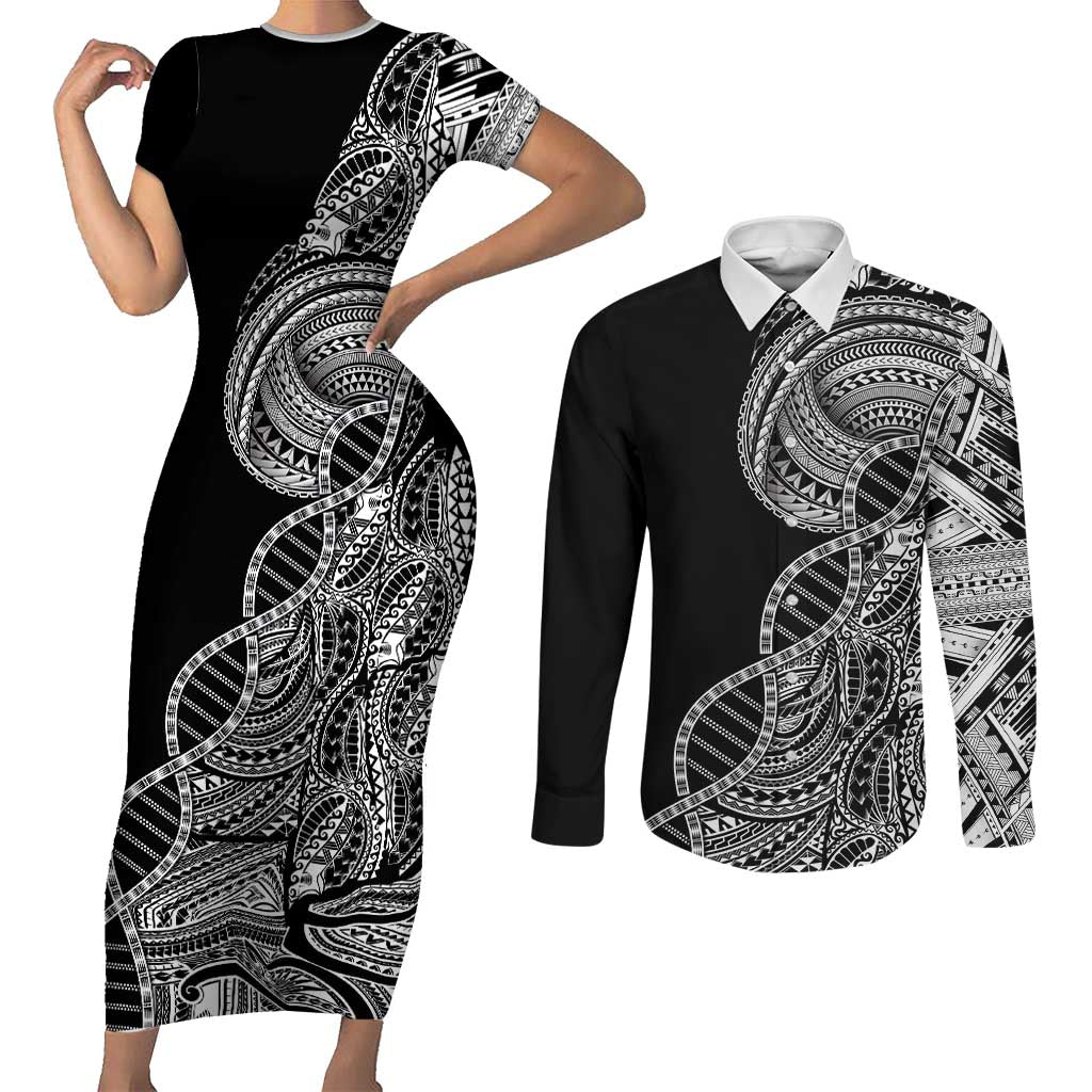 Samoan DNA Art Tattoo Couples Matching Short Sleeve Bodycon Dress and Long Sleeve Button Shirt Polynesian Pattern Black Color LT03 Black - Polynesian Pride