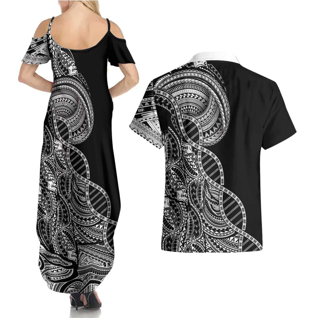 Samoan DNA Art Tattoo Couples Matching Summer Maxi Dress and Hawaiian Shirt Polynesian Pattern Black Color LT03 - Polynesian Pride