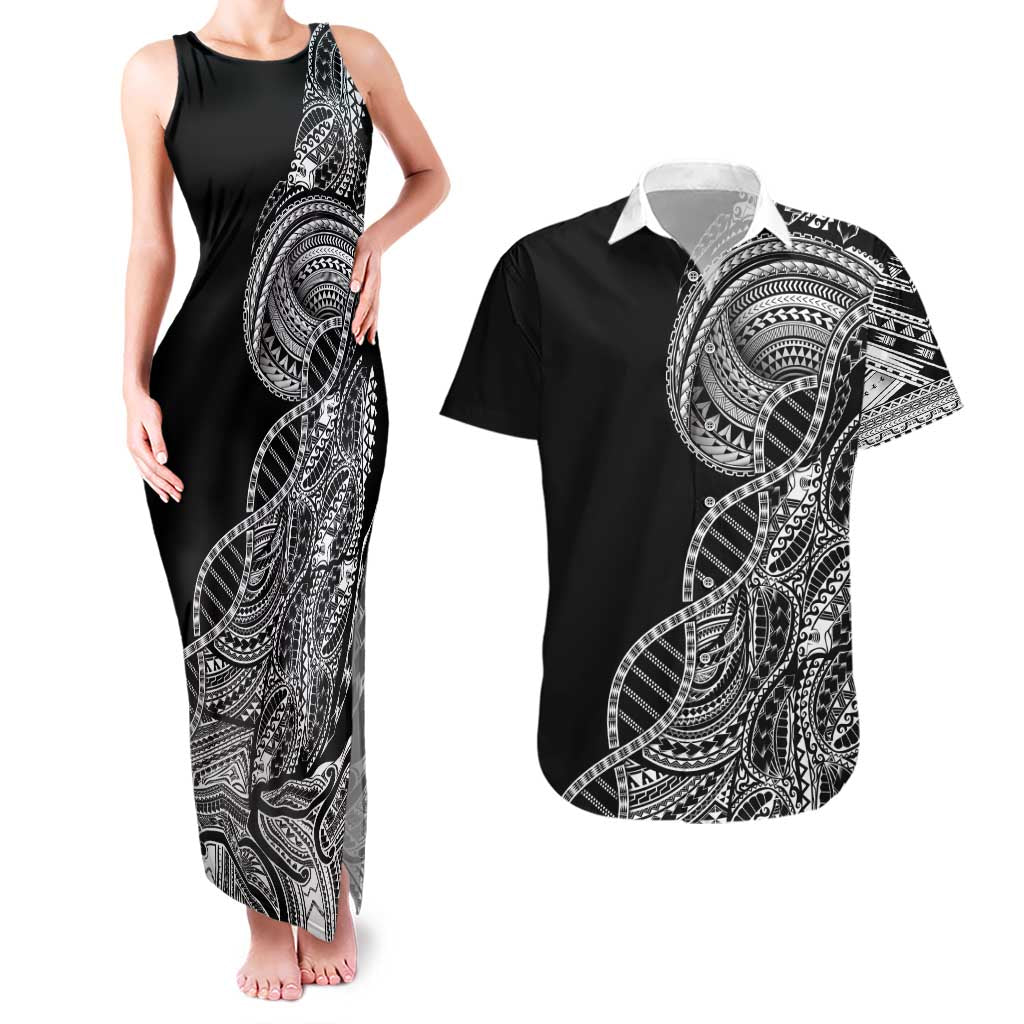 Samoan DNA Art Tattoo Couples Matching Tank Maxi Dress and Hawaiian Shirt Polynesian Pattern Black Color