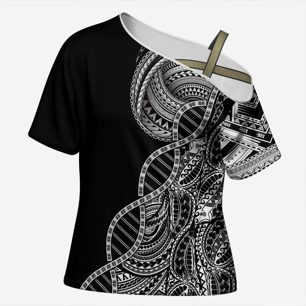 Samoan DNA Art Tattoo Cross Shoulder Shirt Polynesian Pattern Black Color LT03 Female Black - Polynesian Pride