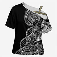 Samoan DNA Art Tattoo Cross Shoulder Shirt Polynesian Pattern Black Color LT03 Female Black - Polynesian Pride