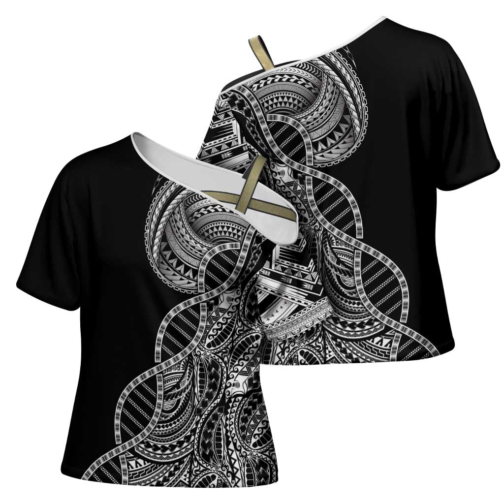 Samoan DNA Art Tattoo Cross Shoulder Shirt Polynesian Pattern Black Color LT03 - Polynesian Pride