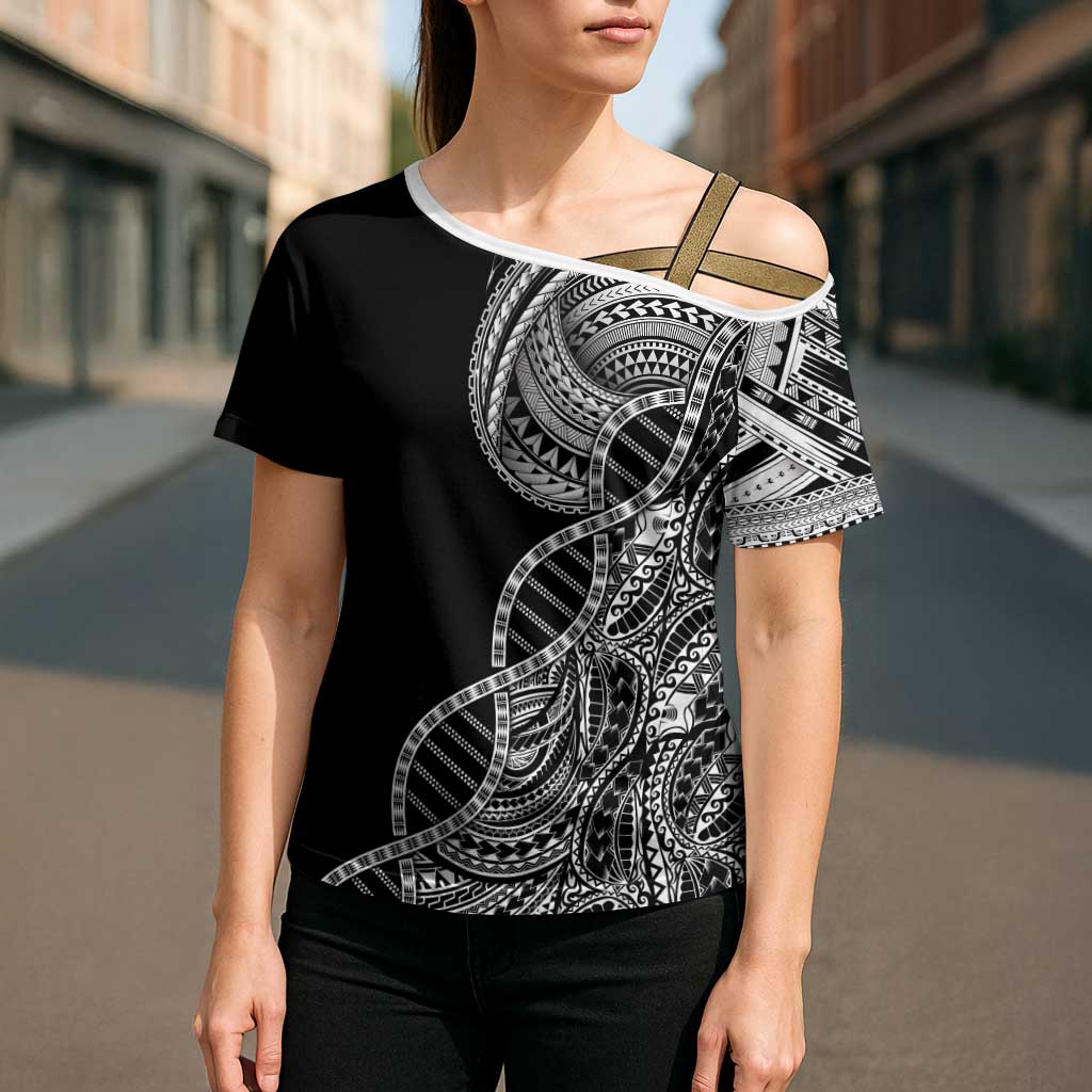 Samoan DNA Art Tattoo Cross Shoulder Shirt Polynesian Pattern Black Color LT03 - Polynesian Pride