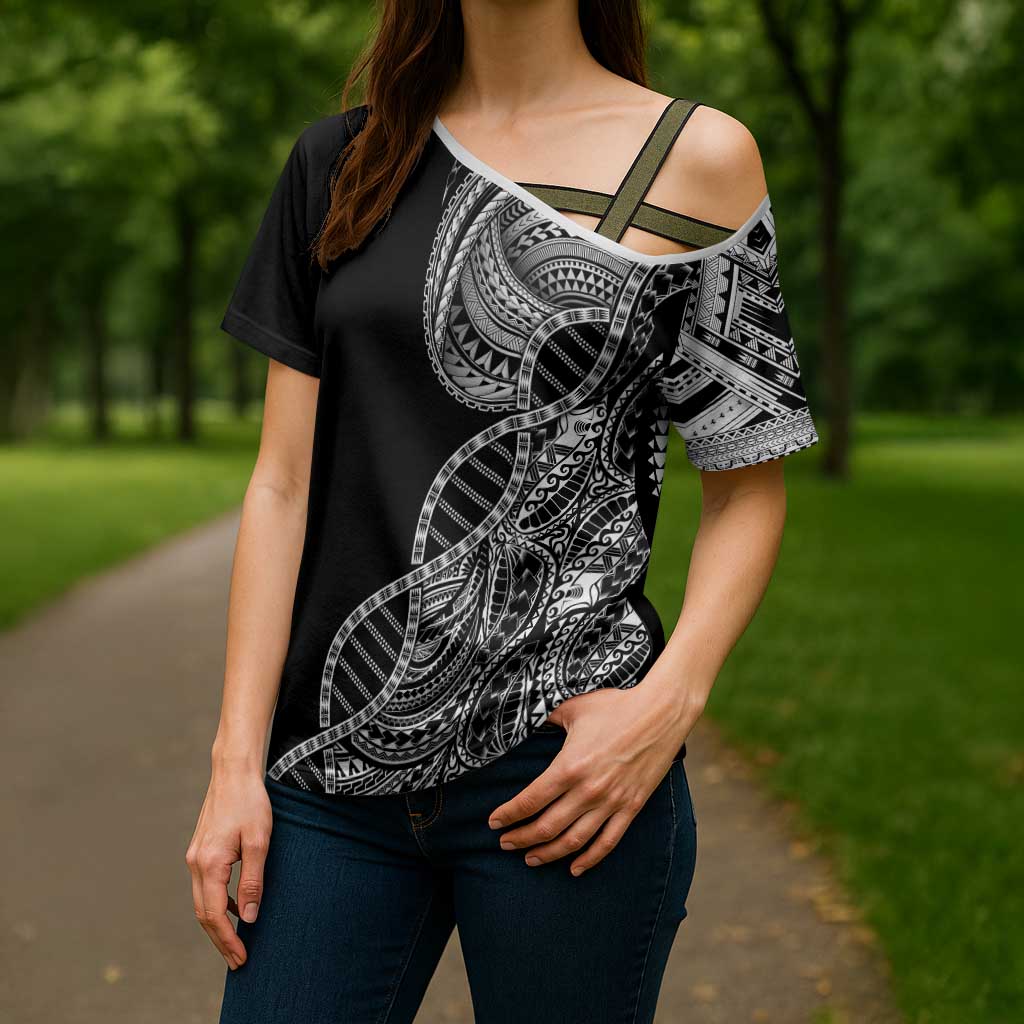 Samoan DNA Art Tattoo Cross Shoulder Shirt Polynesian Pattern Black Color LT03 - Polynesian Pride