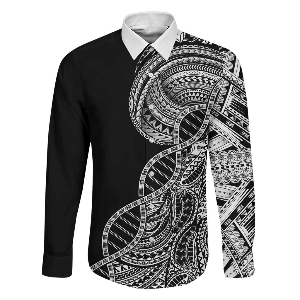 Samoan DNA Art Tattoo Family Matching Long Sleeve Bodycon Dress and Hawaiian Shirt Polynesian Pattern Black Color