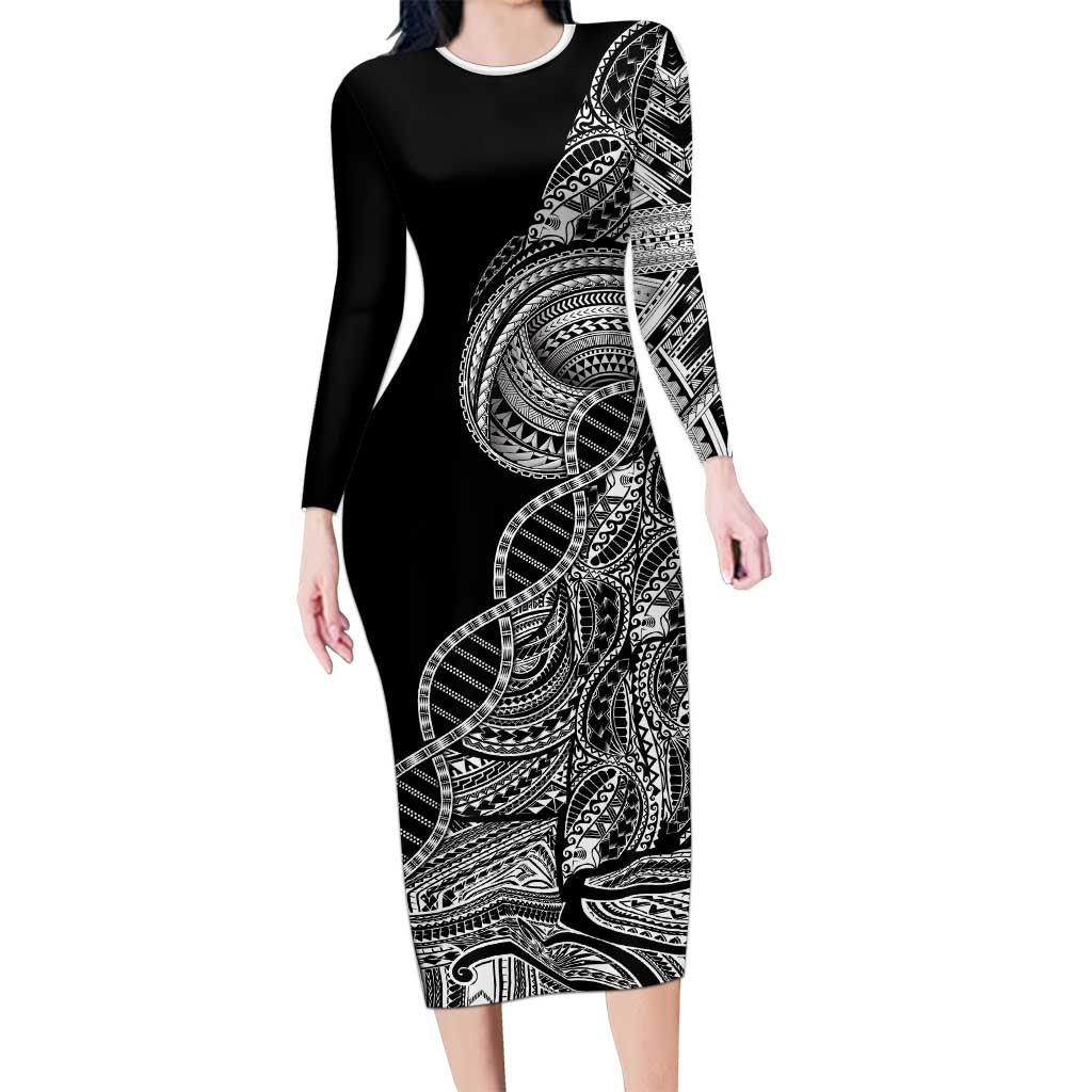 Samoan DNA Art Tattoo Family Matching Long Sleeve Bodycon Dress and Hawaiian Shirt Polynesian Pattern Black Color