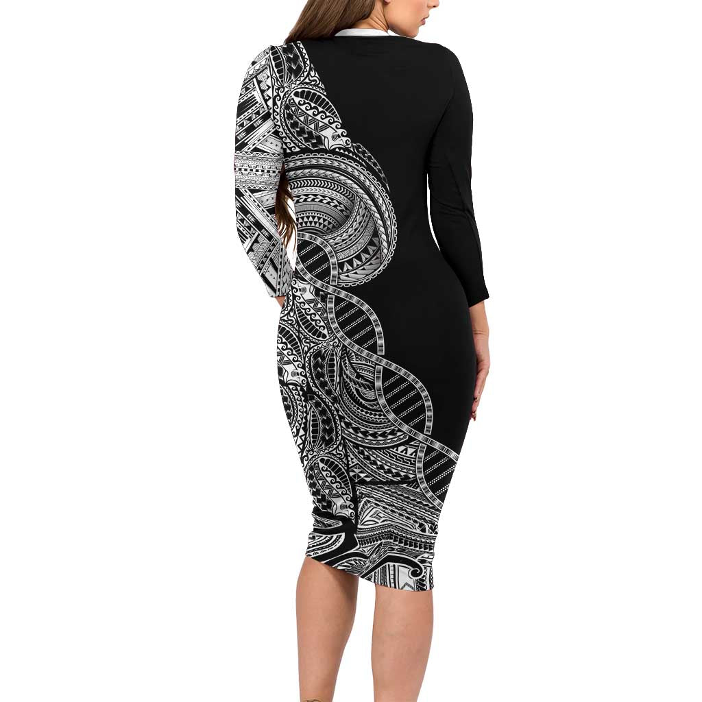 Samoan DNA Art Tattoo Family Matching Long Sleeve Bodycon Dress and Hawaiian Shirt Polynesian Pattern Black Color