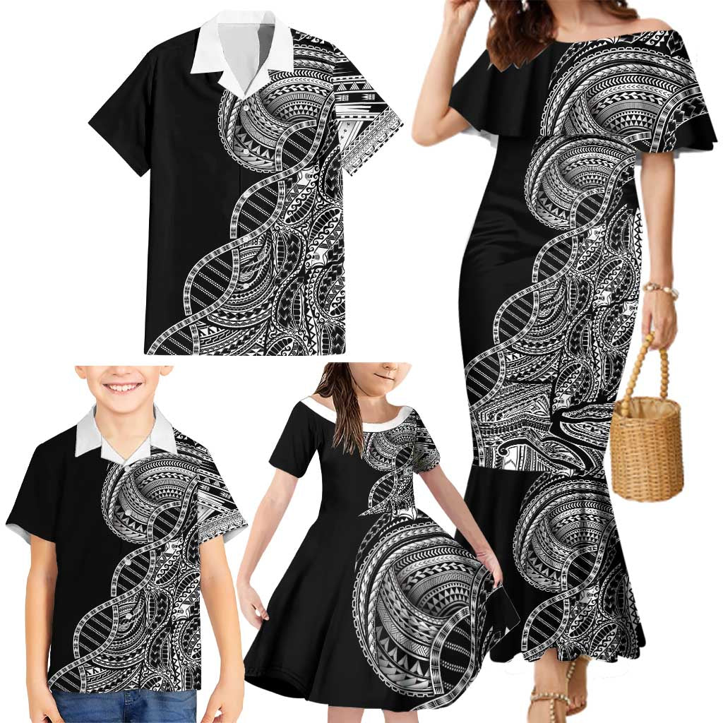 Samoan DNA Art Tattoo Family Matching Mermaid Dress and Hawaiian Shirt Polynesian Pattern Black Color
