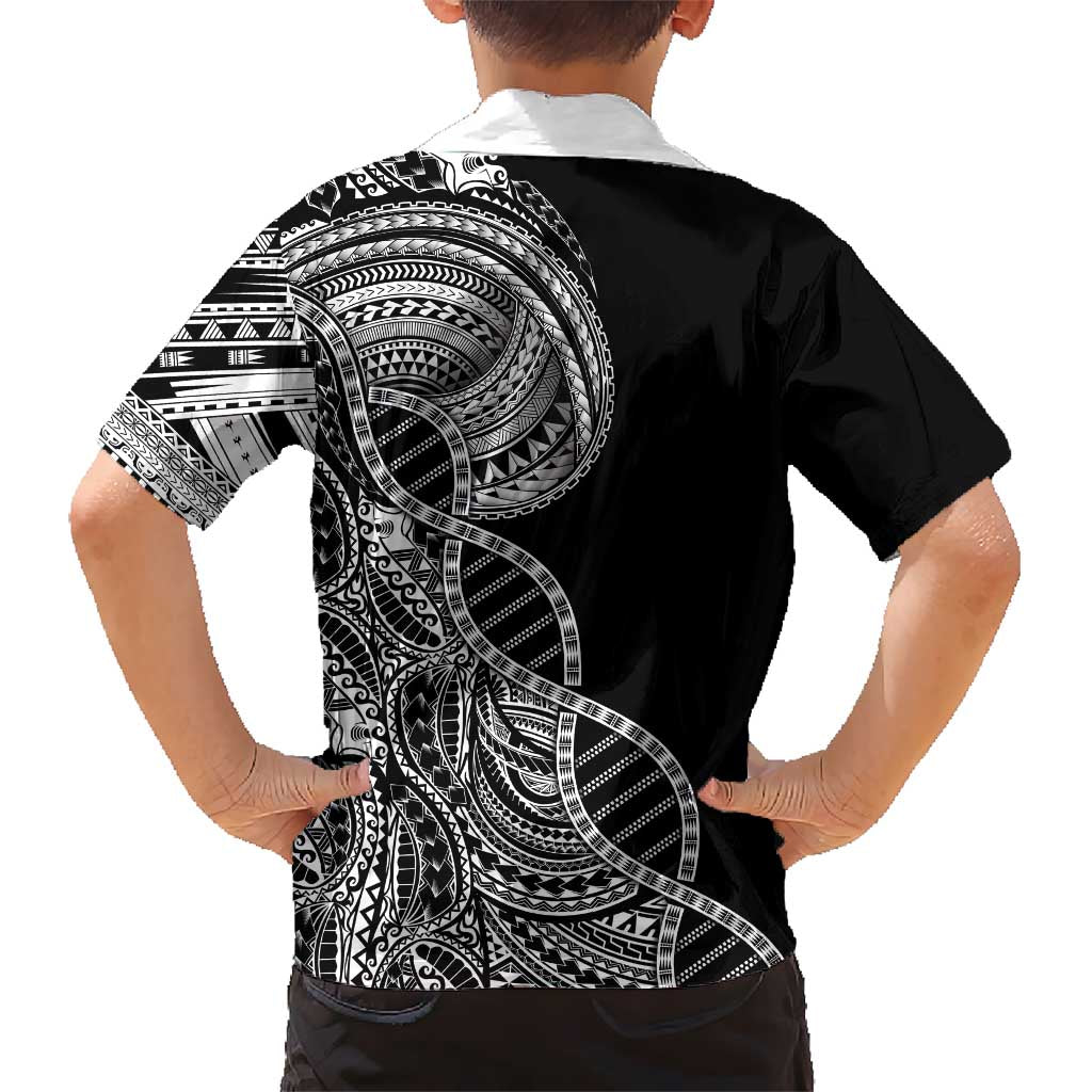 Samoan DNA Art Tattoo Family Matching Off The Shoulder Long Sleeve Dress and Hawaiian Shirt Polynesian Pattern Black Color
