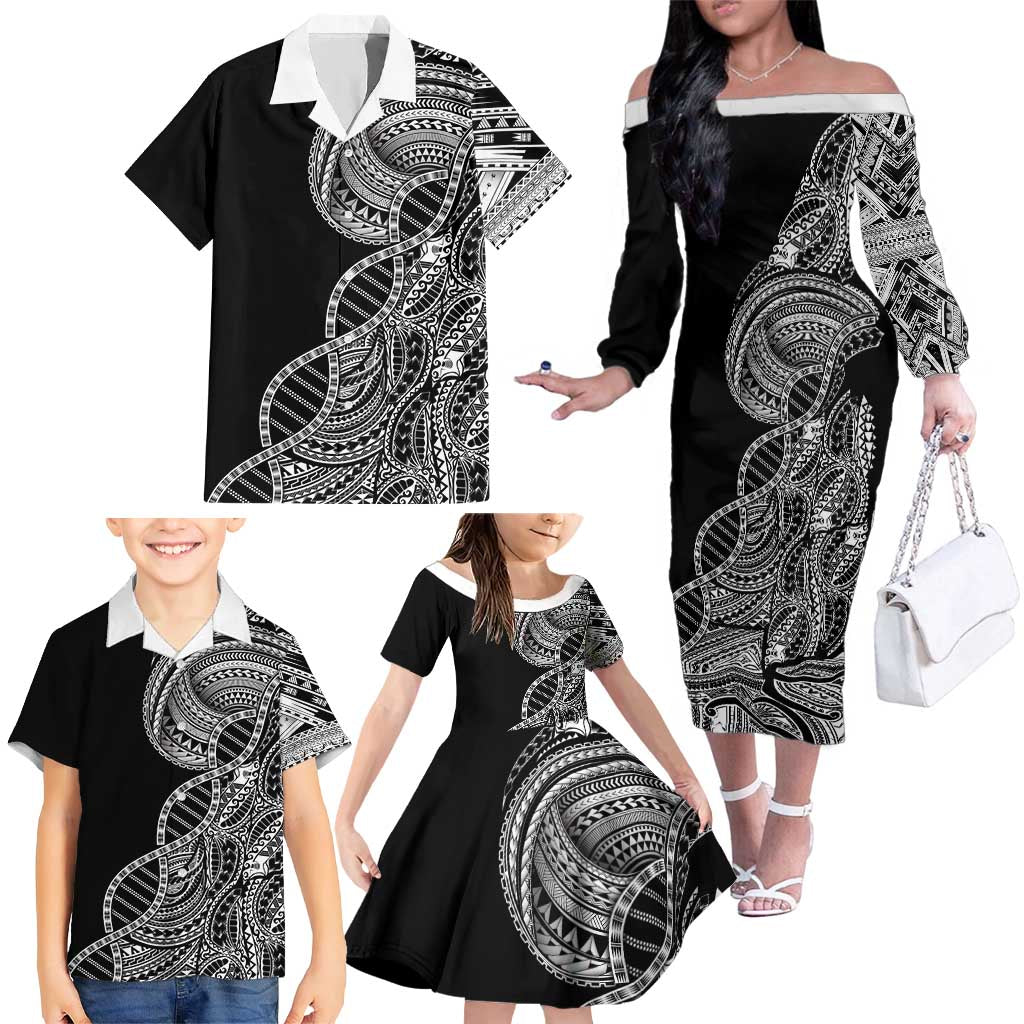 Samoan DNA Art Tattoo Family Matching Off The Shoulder Long Sleeve Dress and Hawaiian Shirt Polynesian Pattern Black Color LT03 - Polynesian Pride