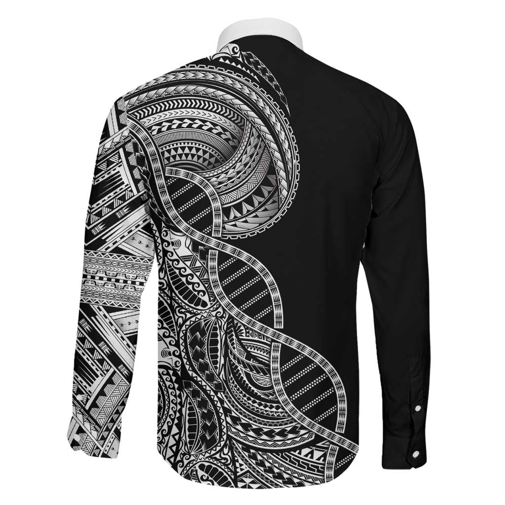 Samoan DNA Art Tattoo Family Matching Off The Shoulder Long Sleeve Dress and Hawaiian Shirt Polynesian Pattern Black Color