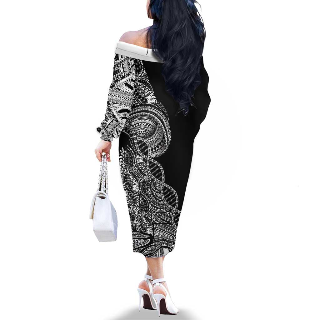 Samoan DNA Art Tattoo Family Matching Off The Shoulder Long Sleeve Dress and Hawaiian Shirt Polynesian Pattern Black Color